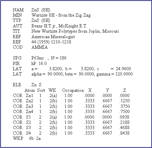 �������:       NAM   	ZnS  (8H)                               MIN   	Wurtzite 8H - from the Zig ZagTYP   	ZnS  (8H)                     AUT   	Evans H.T.jr., McKnight E.T.                                       TIT    	New Wurtzite Polytypes from Joplin, Missouri                  REF   	American Mineralogist                                           REF   	44 (1959) 1210-1218                                             COD   	AMMIA                                                                   SPG   	P63mc   ,  N = 186                                                 PIR   	hP  16.0LAT     	a =          3.8200,  b =        3.8200,  c          =  24.9600        LAT     	alpha =  90.0000, beta =  90.0000, gamma = 120.0000            ELE   	Zn  S                                                                              Atom  Sort   WK     Occupation    X            Y            Z          COR   Zn1     1       2(a)      1.00          .0000      .0000      .0000       COR   Zn2     1       2(b)      1.00          .3333      .6667      .1250        COR   Zn3     1       2(b)      1.00          .3333      .6667      .3750        COR   Zn4     1       2(b)      1.00          .3333      .6667      .7500        COR   S1       2       2(a)      1.00          .0000      .0000      .0938        COR   S2       2       2(b)      1.00          .3333      .6667      .2188        COR   S3       2       2(b)      1.00          .3333      .6667      .4688       COR   S4       2       2(b)      1.00          .3333      .6667      .8438       WKP     6b  2a                                                                        